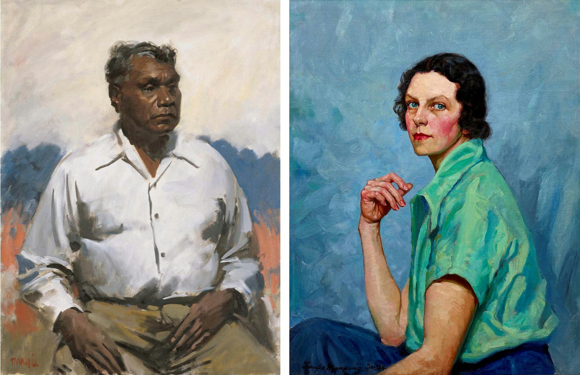 Two portraits of seated figures. The one of the left depicts a person with short hair and dark skin, wearing a white shirt. The one on the right depicts a person with fair skin and chin-length hair wearing a green shirt.