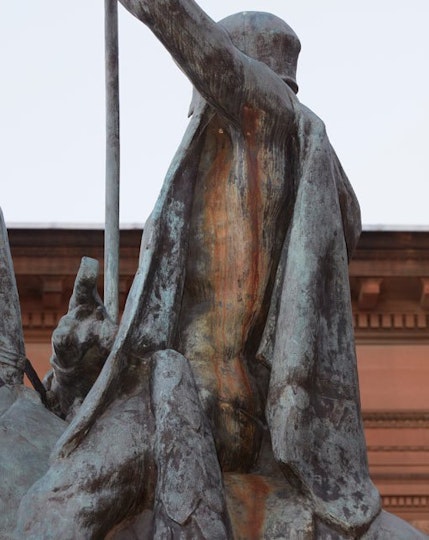 Surface discolouration from an iron bolt within the Gilbert Bayes 1923 bronze sculpture The Offerings of War. Project supported by the Minister’s Stone Program.
