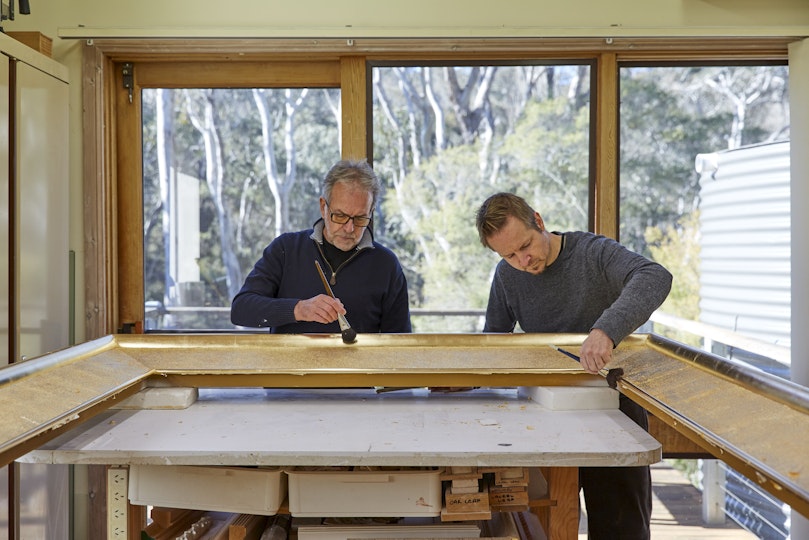 David Butler and Tom Langlands in David’s studio with the frame they made for The prospector by Julian Ashton, 1889. Tom’s traineeship supported by the Clitheroe Foundation and the Nelson Meers Foundation. 