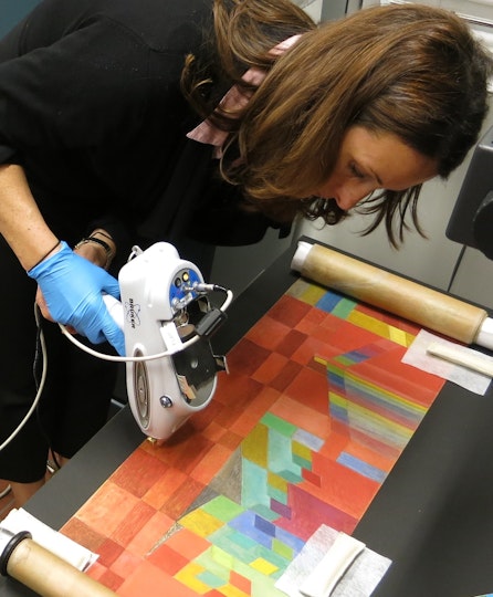 Colour music c1934 by Roy de Maistre, gouache on piano roll, is examined using XRF by Senior Paper Conservator Analiese Treacy. Project supported by Friends of Conservation.
