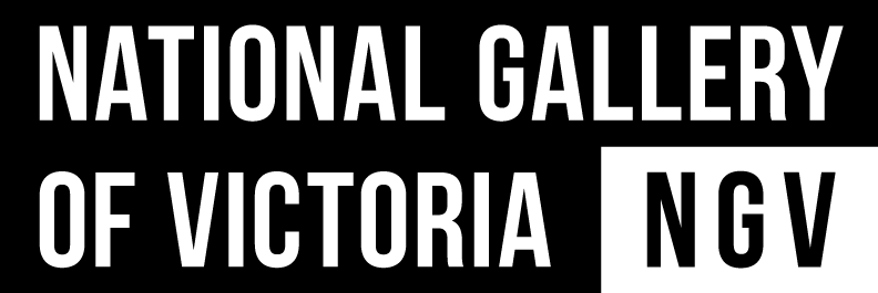 National Gallery of Victoria logo of white capital letters on a black background. The letters NGV are in black on a white background.