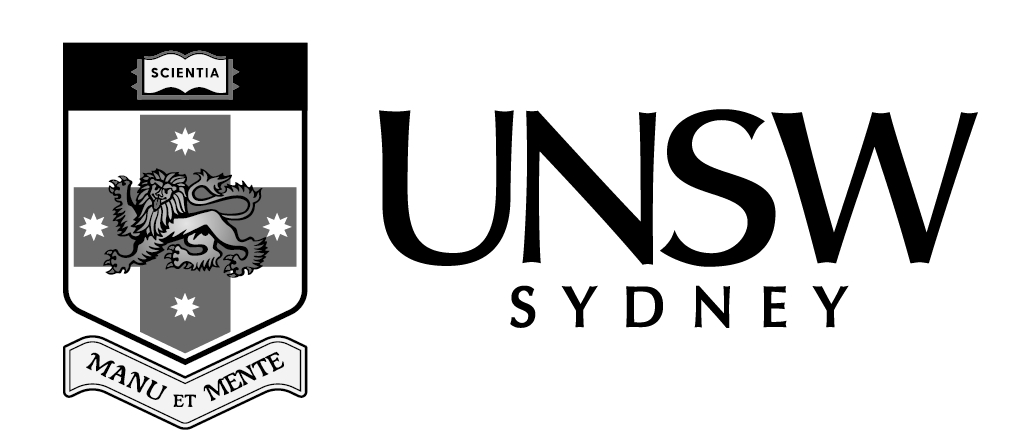 Greyscale logo. On the right are the capital letters UNSW Sydney. On the left is an emblem of a stylised lion on a cross. Each branch of the cross has an 8 point start. Above the lion is a book with the word 'Scientia.' Below the lion is a ribbon with the Latin 'Manu et mente'.