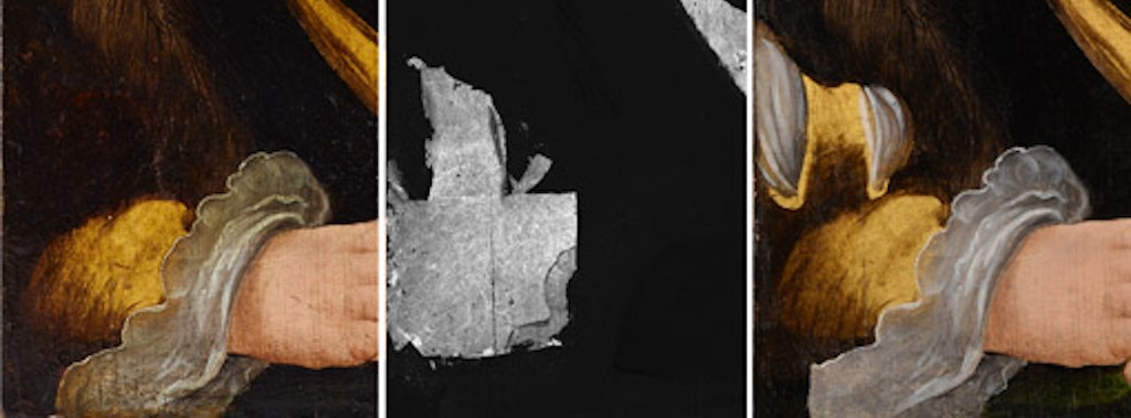 Left to right: a detail of the lower left sleeve before conservation treatment, part of the gold XRF map showing the use of gold leaf, and a detail of the painting after treatment in which the original slashed and gold leaf sleeve has been revealed
