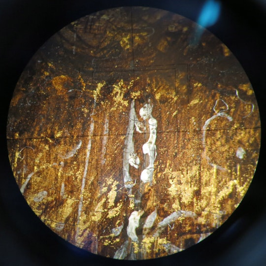 Fine decorative work, over gold leaf, seen under the microscope.