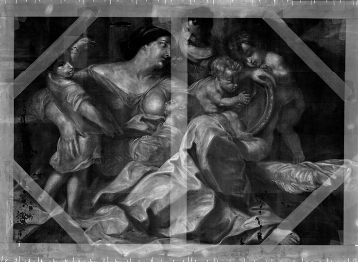 An x-ray of the painting shows the lead white painted areas, the wooden stretcher bars and nails, and the areas of paint loss from flaking and tears.