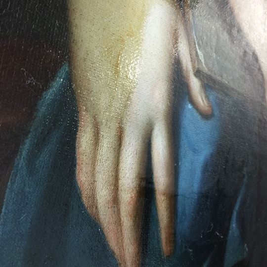 The effect of the discoloured varnish layer on the original colours became evident as the varnish was removed. 