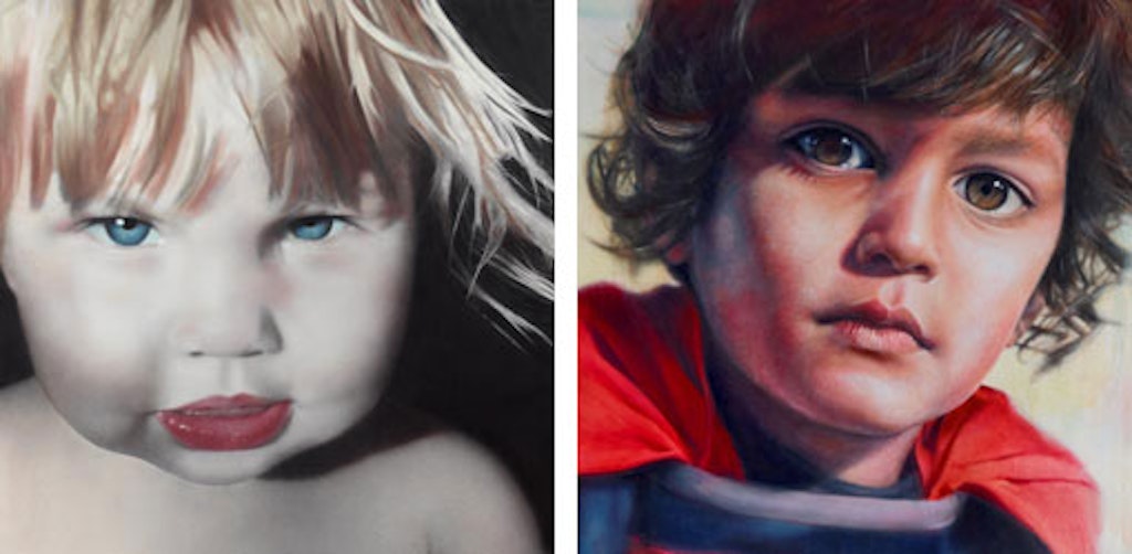 Left to right: Daniel Henderson ??Lily-Rose?? from the Archibald Prize 2007; Vincent Fantauzzo ??All that's good in me (self-portrait as son Luca)?? (detail) from the Archibald Prize 2014