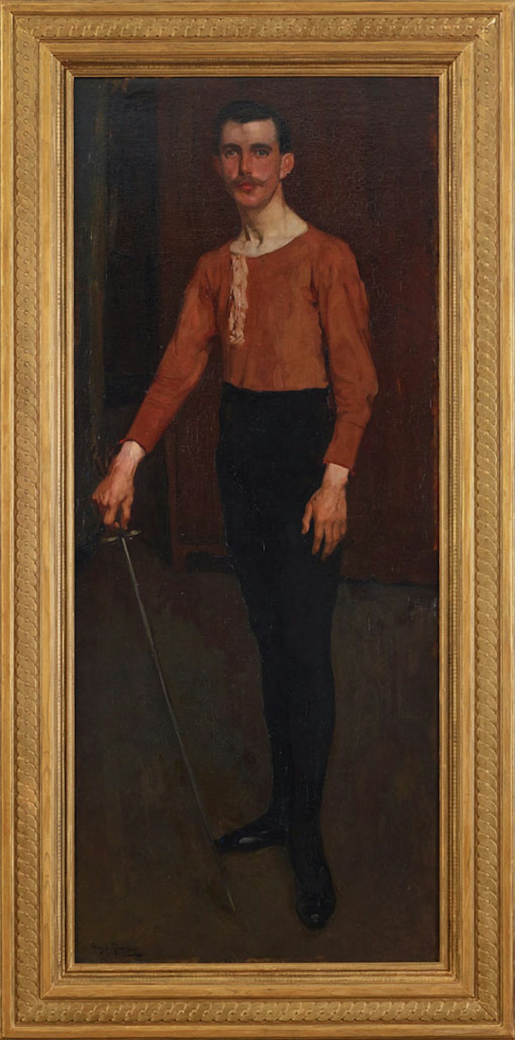 A long thin gold-framed painting of a moustachioed figure holding a sword.