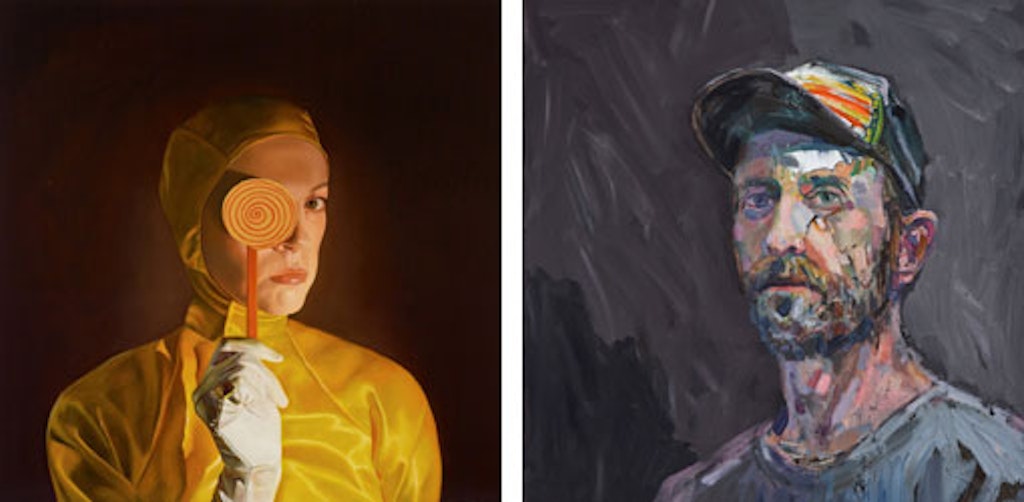 Left to right: Rebecca Hastings ??The onesie?? from the Archibald Prize 2014, Guy Maestri ??The fourth week of parenthood (self-portrait)?? (detail) from the Archibald Prize 2018
