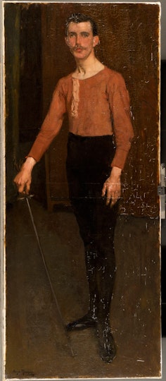 *The painting during retouching*
The left half of the painting has been retouched.