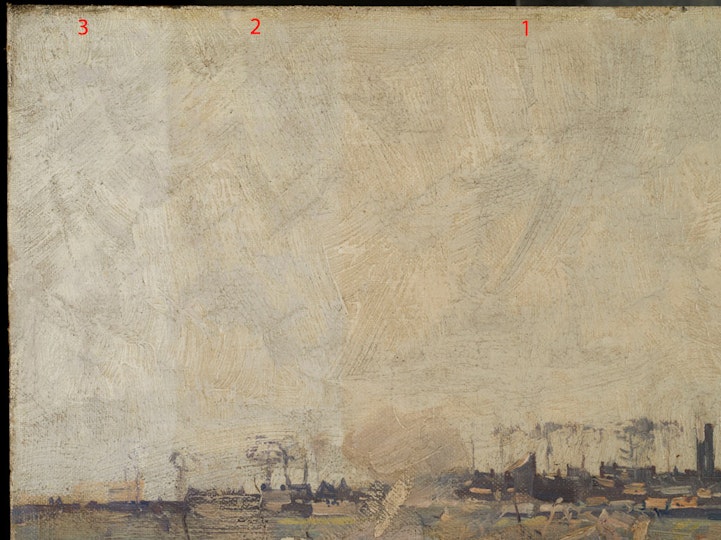 This photo shows the painting's surface at different treatment stages, from right to left:
                                                1 The surface before cleaning
                                                2 After cleaning the surface dirt
                                                3 After removal of the varnish layer