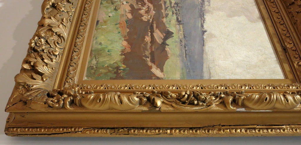 One side of frame before restoration, showing severe cracks and damage to both the frame itself and its ornaments. Many losses of ornaments were painted over with brass-based paint in the past, while new losses exposed the white gesso background and wood carcass, indicating weakness of the foundation.