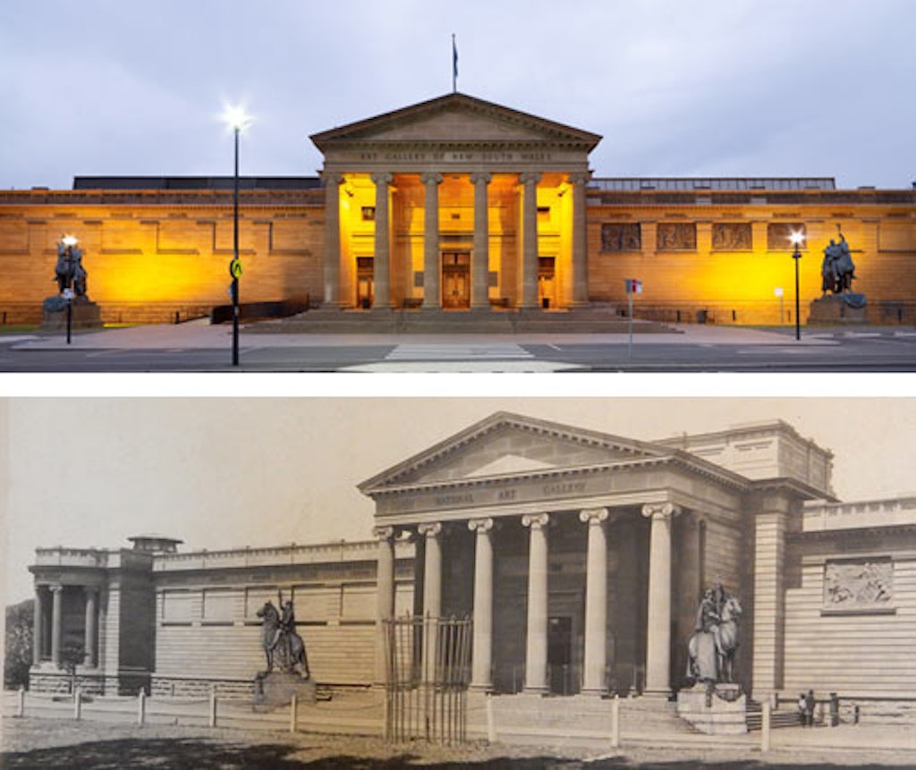 The top photograph shows the sculptures' current position at the front of the Gallery while the bottom shows one of alternative locations that was considered