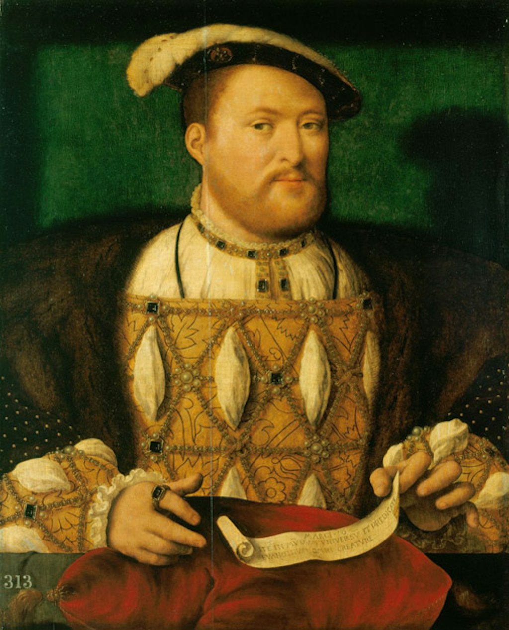 The head and torso of a bearded man wearing a feathered hat and fine clothes seated at a table with a scroll between his hands.