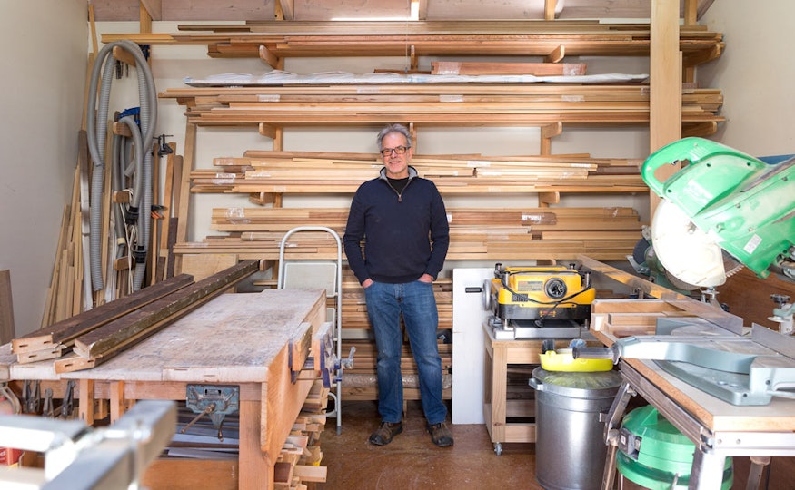 David in another part of his studio. In the background are mouldings that he has pre-cut; on the left is the slip for ??The prospector??.