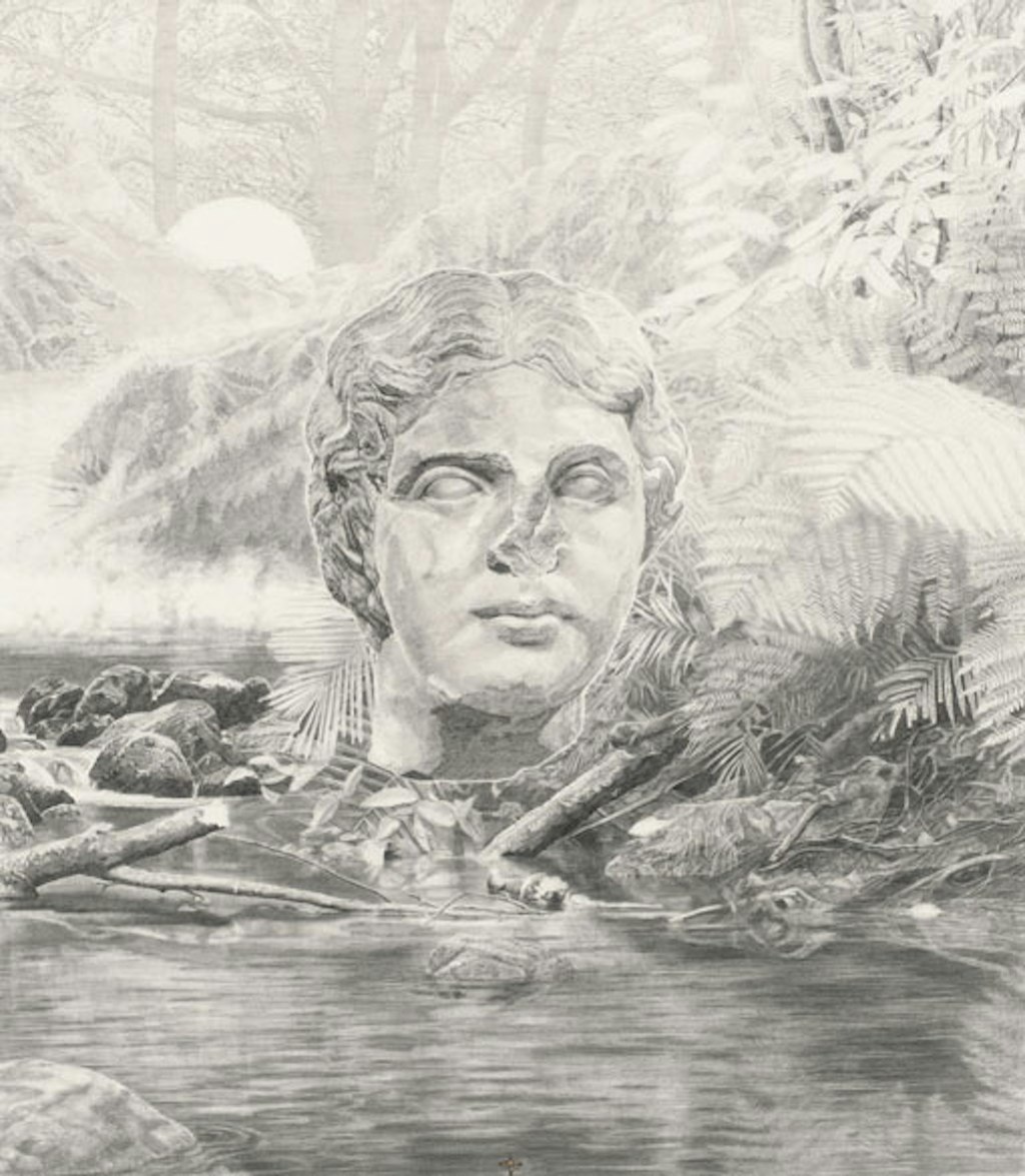 Black-and-white drawing of an enormous head of a classical sculpture in a landscape setting of a creek in bushland.