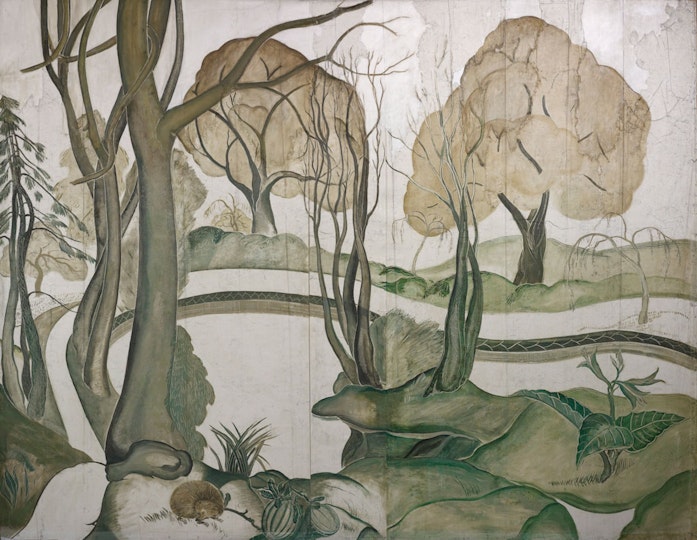 h3. After treatment
                                                
                                                Part of a work titled ??House and fisherman, woodland and deer, lake??, although only this panel of the triptych is on display.