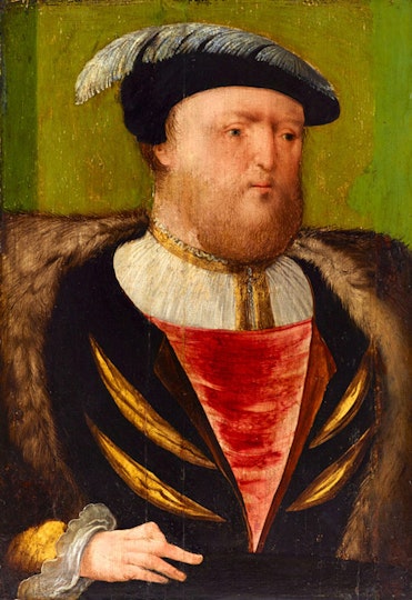 The head and torso of a bearded man wearing a feathered hat and fine clothes of velvet and fur. One hand is visible.