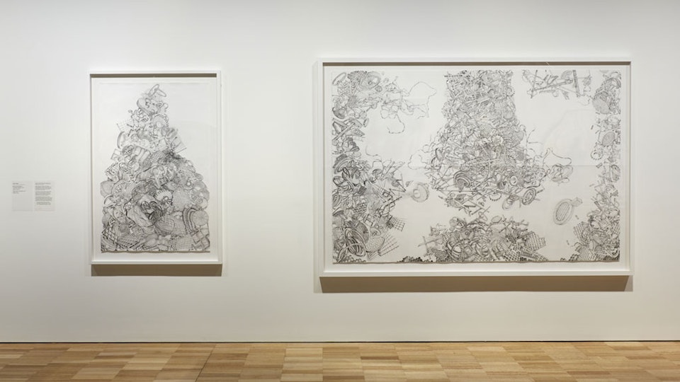 Installation view (left to right)
Helen Wright
??'Scrap stack, the slump?? 2019–20 and ??Scrap stack freefall in ‘The Age of Stupid’?? 2019–20
© Helen Wright