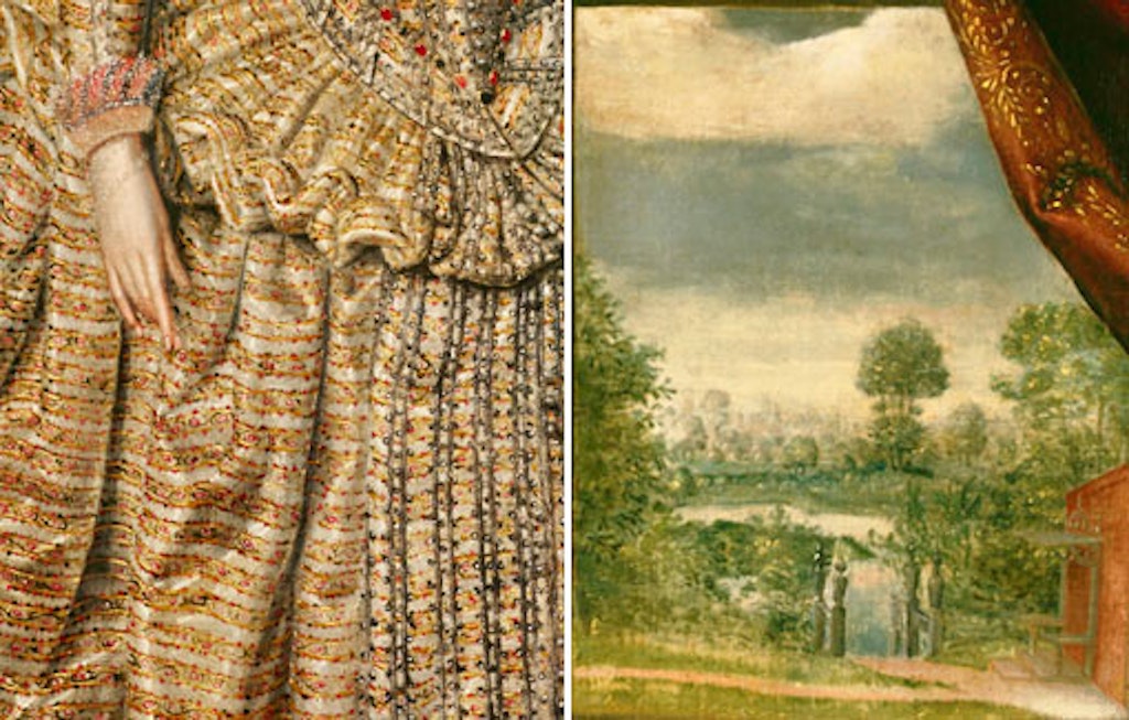 Left to right: tiny rosebuds on Elizabeth’s costume and the garden through Henry's window 