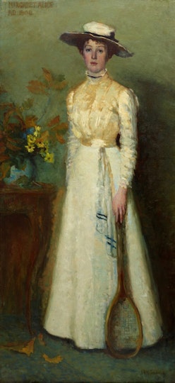A person in a wide-brimmed hat and high-necked, long-sleeved long dress, with their hand on a tennis racket