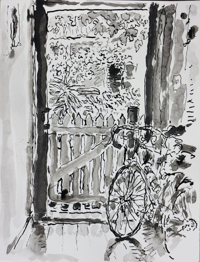 Tom Carment
                                                ??Looking out the front door reed?? 2020
                                                pen and ink
                                                48 x 36 cm