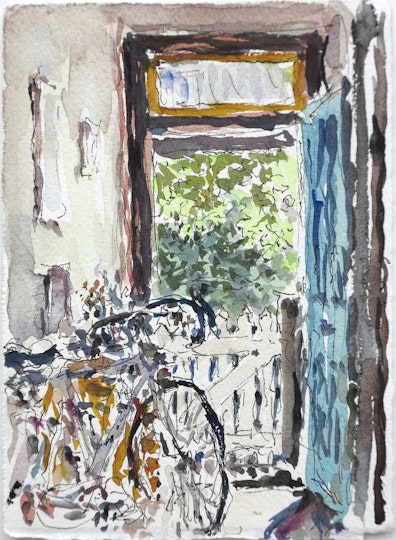 Tom Carment
                                                ??Out the front door?? 2020
                                                watercolour and pigment ink
                                                16 x 11.5 cm