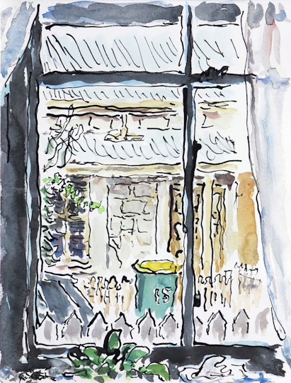 Tom Carment
                                                ??Out the front window, green bin??
                                                reed pen ink and watercolour