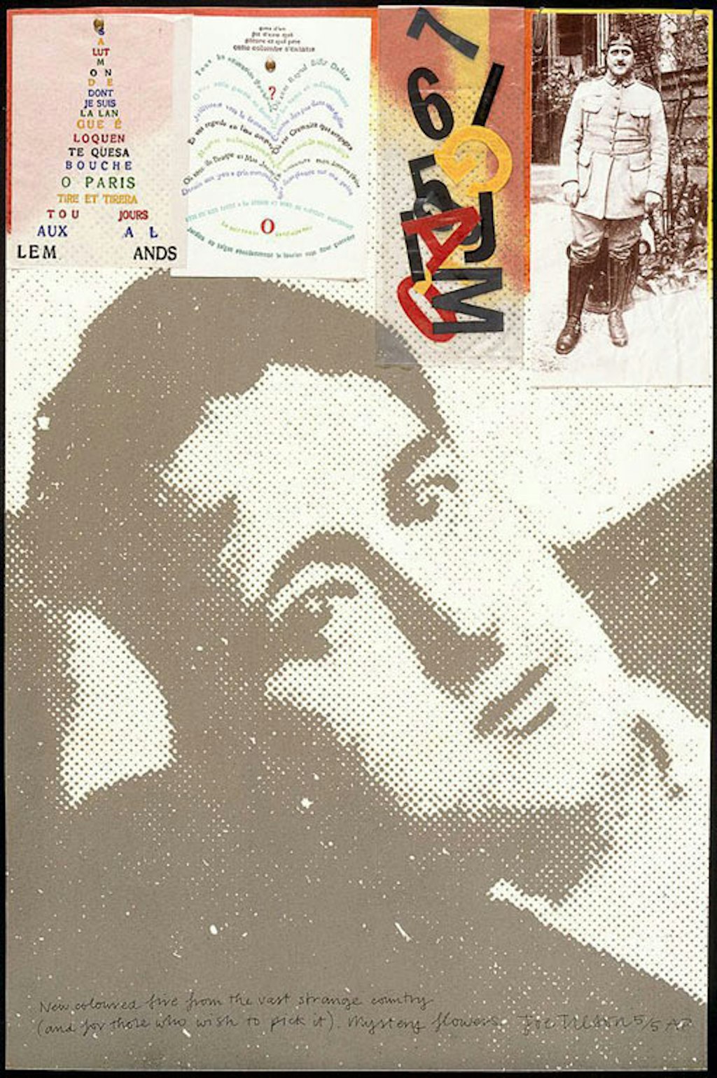 Collage including a black-and-white photograph of a person leaning on their hand, a person in a uniform, the Eiffel Tower and a jumble of letters and numbers.