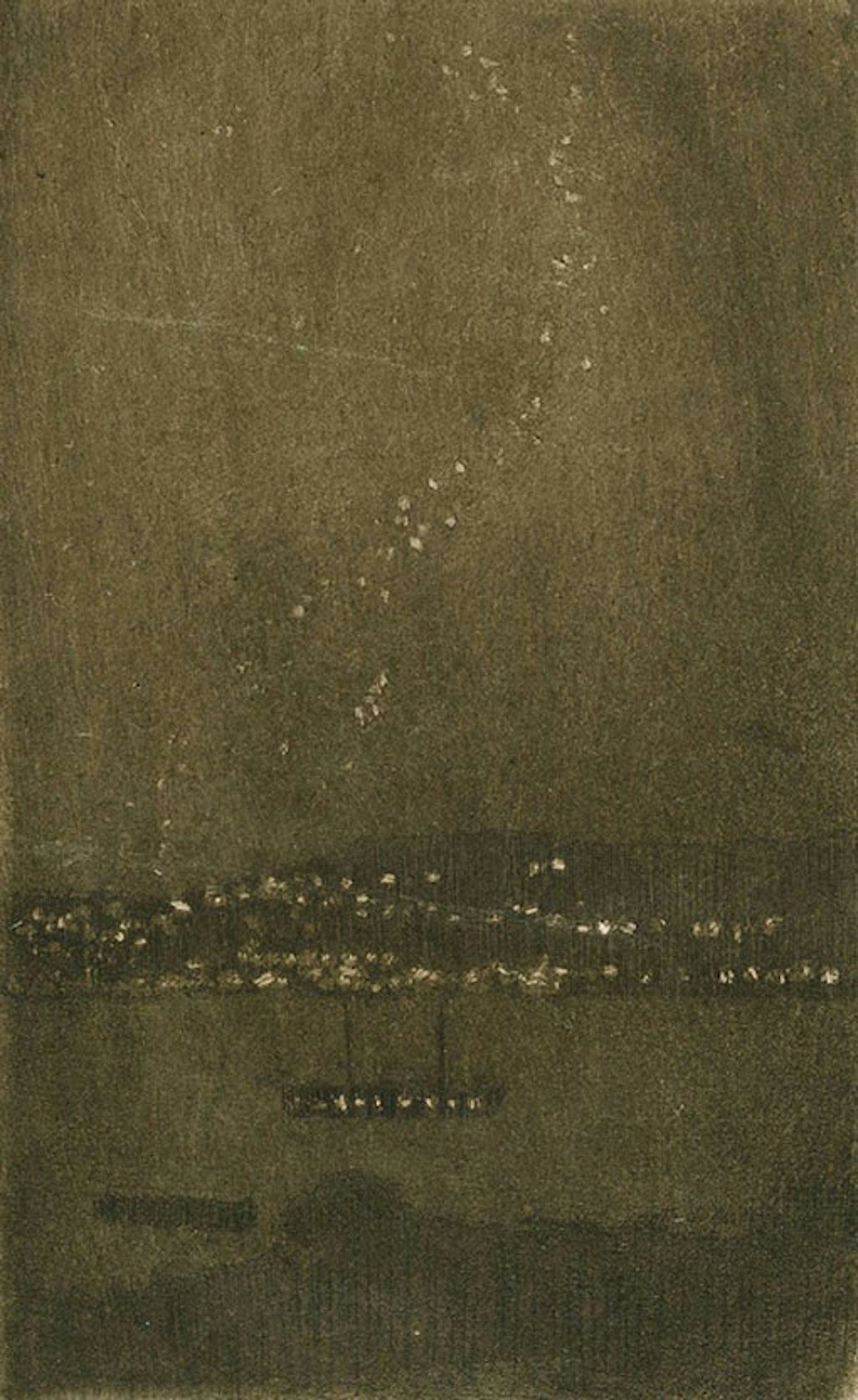 A harbour at night with a masted boat in the foreground, a distant shore with the lights of many buildings in the middle ground, and stars in the sky above.