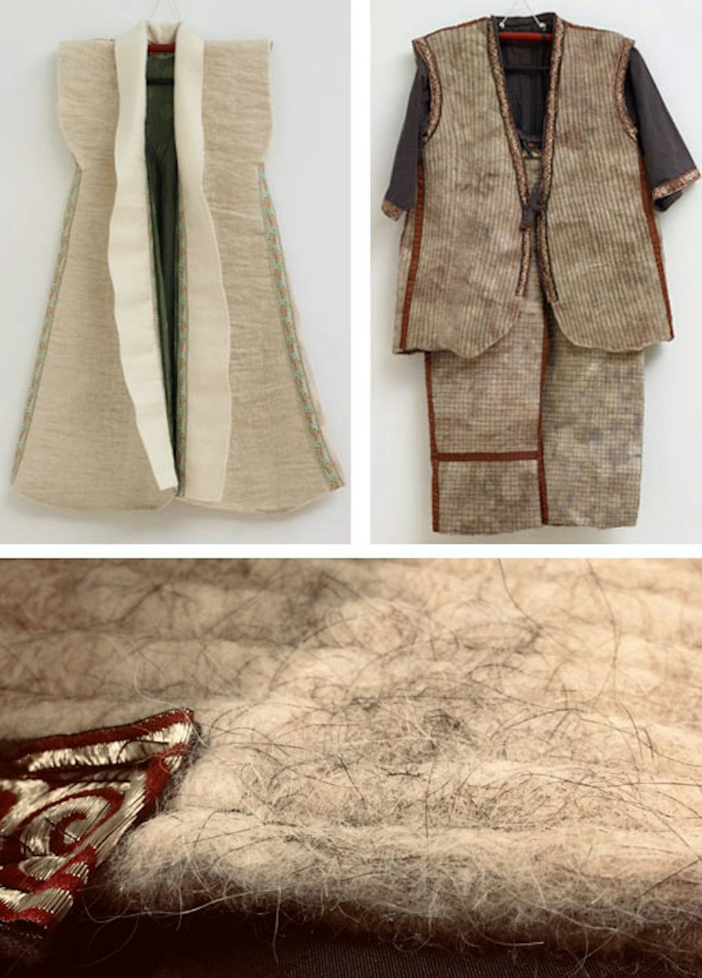 Clockwise from top left: Garments from ??Julie and Cloud?? and ??Joni and Bacon??; a close up view of the tunic from ??Joni and Bacon?? showing the reinforcing machine stitching