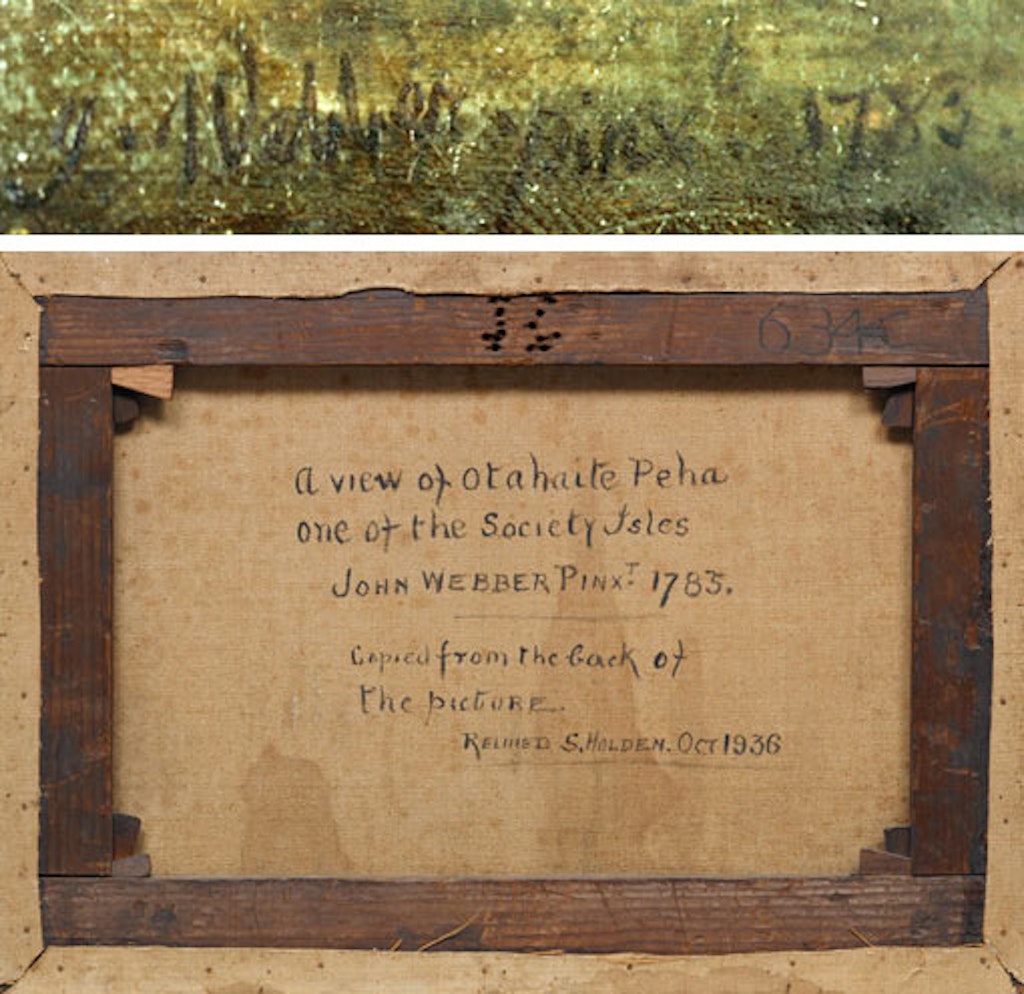 From top: The signature and date on the lower left of the painting, and the restorer's note on the back of the lining, before conservation