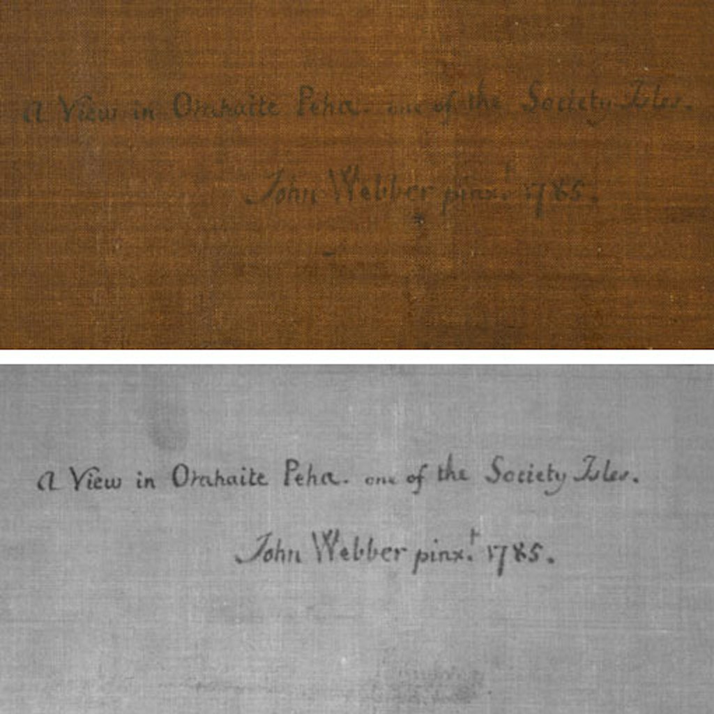 From top: The back of the original canvas after removal of the lining canvas and glue, and an infrared-enhanced view of the artist's inscription on the back of the original canvas
