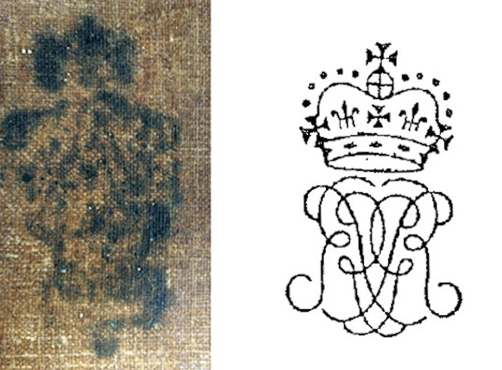 From left: The customs duty stamp on the back of the canvas, and a typical 18th-century customs stamp insignia