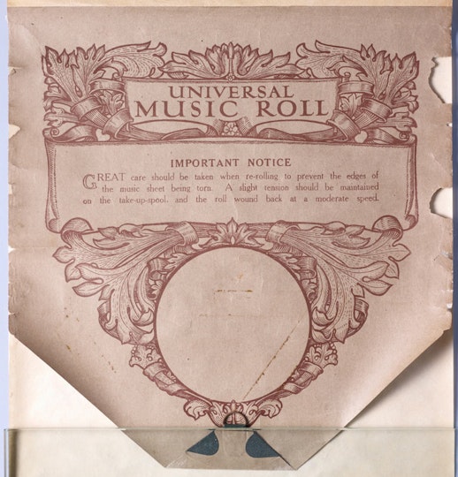 ??Colour music?? is painted on an unpunched Universal-brand piano roll, which de Maistre probably bought when he moved to London in the early 1930s. As paper production was impacted by the First World War and the Depression, paper of this period is usually poor quality and prone to discolouration.