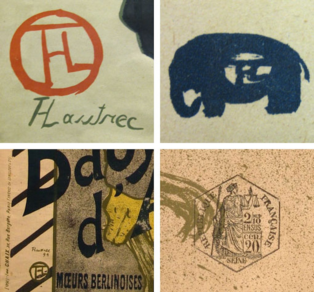 Identifying marks, clockwise from top: Toulouse-Lautrec's initials in Japanese style; within an elephant; tax stamp on Babylone d'Allemagne; the name and address of the printer Chaix on the bottom left edge of the same work.