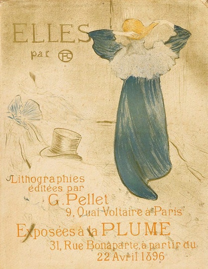 h3. Henri de Toulouse-Lautrec ??Frontispiece for 'Elles'?? 1896
From his visits to the Rue des Moulins brothel, Toulouse-Lautrec built up a repertory of images which formed the inspiration for an album of 10 colour lithographs, ??Elles??. This poster was not part of the original set but was intended as the promotional poster for the album.