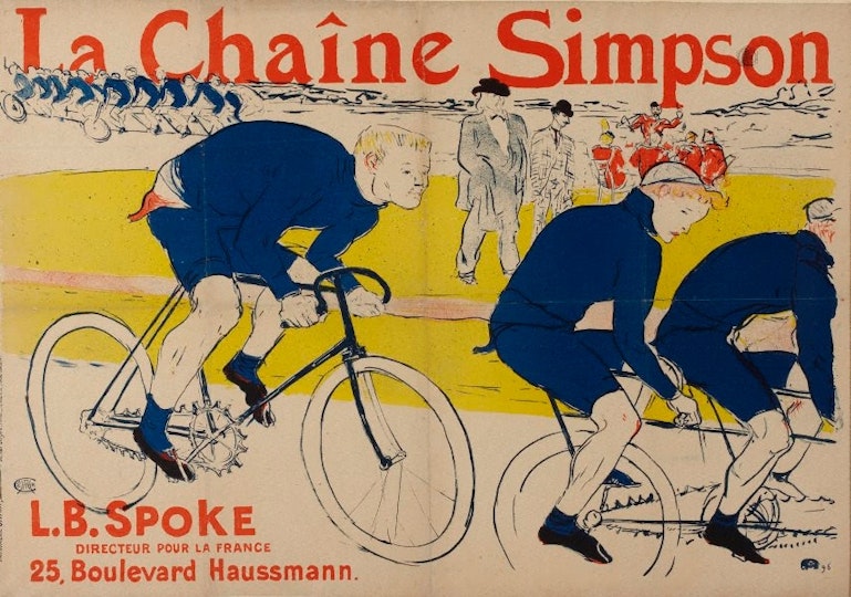 h3. Henri de Toulouse-Lautrec ??La Chaîne Simpson?? 1896
Toulouse-Lautrec was commissioned by his friend Louis Bouglé (the French representative of the English cycle firm Simpsons) to produce a poster to advertise the company’s new lever chain. While Bouglé rejected the poster's first version due to poor scaling and lack of excitement, this second version was more popular. It features French cyclist Constant Huret riding behind the Gladiator tandem pacer. In the background stand sports impresario Tristan Bernard and Bouglé representing his bicycle store LB Spoke (identified in the text).