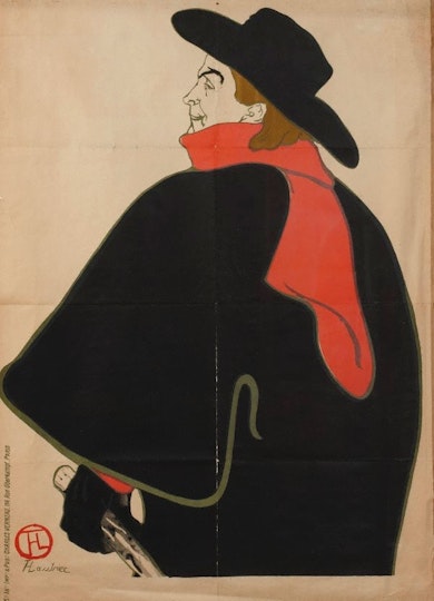 h3. Henri de Toulouse-Lautrec ??Aristide Bruant, at his cabaret?? 1893
Parisian singer and café owner Aristide Bruant was the embodiment of the Montmartre café-concert scene. A shameless self-promoter, he commissioned a number of posters from Toulouse-Lautrec to announce his performances and to establish his fame. This is the third of Toulouse-Lautrec’s posters for Bruant. It has no text as it was probably intended for sale to a private collector through one of the artist’s many poster dealers.