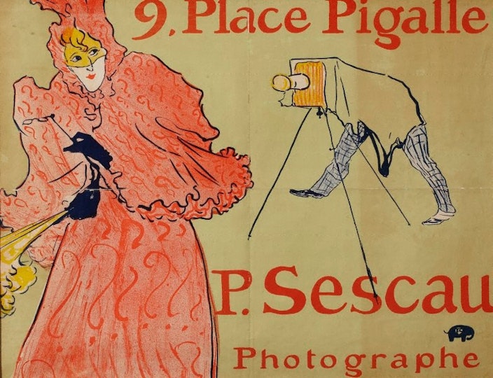 h3. Henri de Toulouse-Lautrec ??The photographer Sescau?? 1894
The photographer Paul Sescau was one of Toulouse-Lautrec’s drinking companions. He had a reputation as a lady’s man who enticed women into his studio for photographic purposes and then seduced them. This poster was commissioned as a promotion by Sescau.
