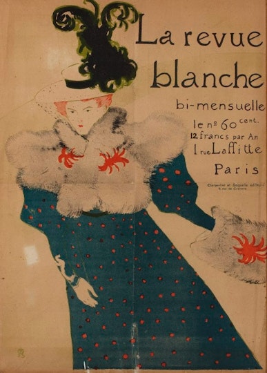 h3. Henri de Toulouse-Lautrec ??La Revue Blanche?? 1895
??La Revue Blanche?? was an influential literary and artistic journal published in Paris by the Natanson brothers from 1891 to 1903, which attracted talented avant-garde writers and artists such as Tolstoy, Kipling, Wilde, Twain, Proust and Mallarmé. As one of its principal contributors, Toulouse-Lautrec was commissioned to design the promotional poster for the journal. He used Misia Natanson (wife of one of the proprietors) as his model for the ice-skating figure.