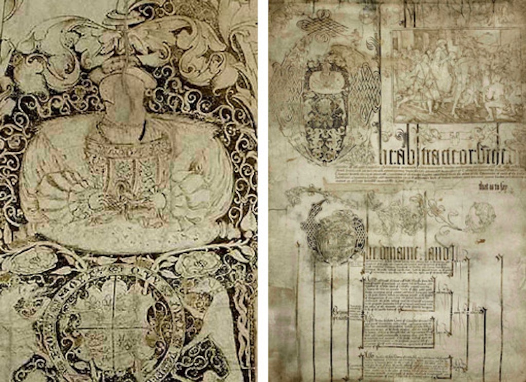 This legal document, from the "British Library":http://www.bl.uk/learning/timeline/item126620.html, documents the dissolution of the monastery at Colchester in 1539. The detail on the left shows a depiction of Henry, similar in conception to the way he is depicted in the Art Gallery of NSW panel
                                    
                                    