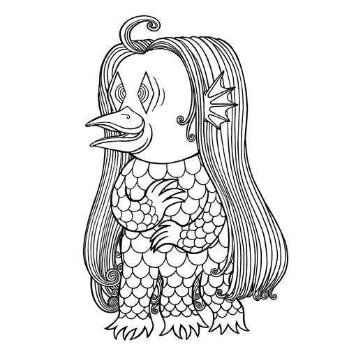 Black-and-white drawing of a creature with a bird-like beak, long hair, fin-like ears and a scaled body with two arms and three legs.