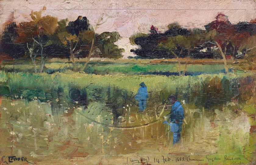 Two figures in a field with trees in the background