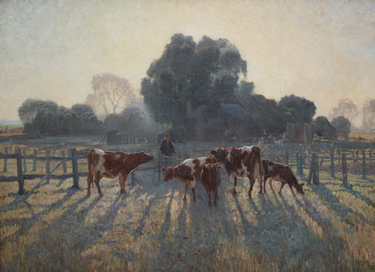 A painting of five brown cows standing by a fence. Their long shadows reach to the bottom edge of the painting. In the background are silhouettes of tall trees.
