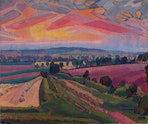 A vividly coloured landscape painting of fields, trees and distant hills