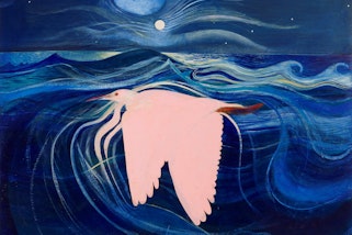 A pink heron flying over the sea at night.