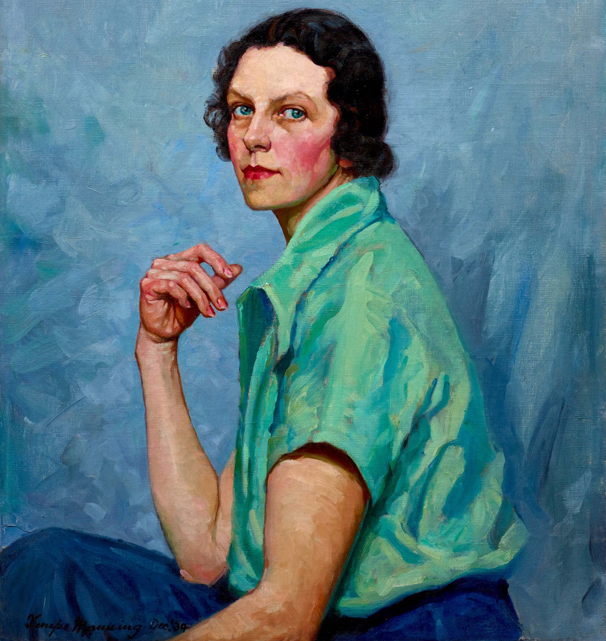 A portrait of a seated person, with blue eyes, rosy cheeks and lips, and chin-length dark hair, wearing a short-sleeved green shirt