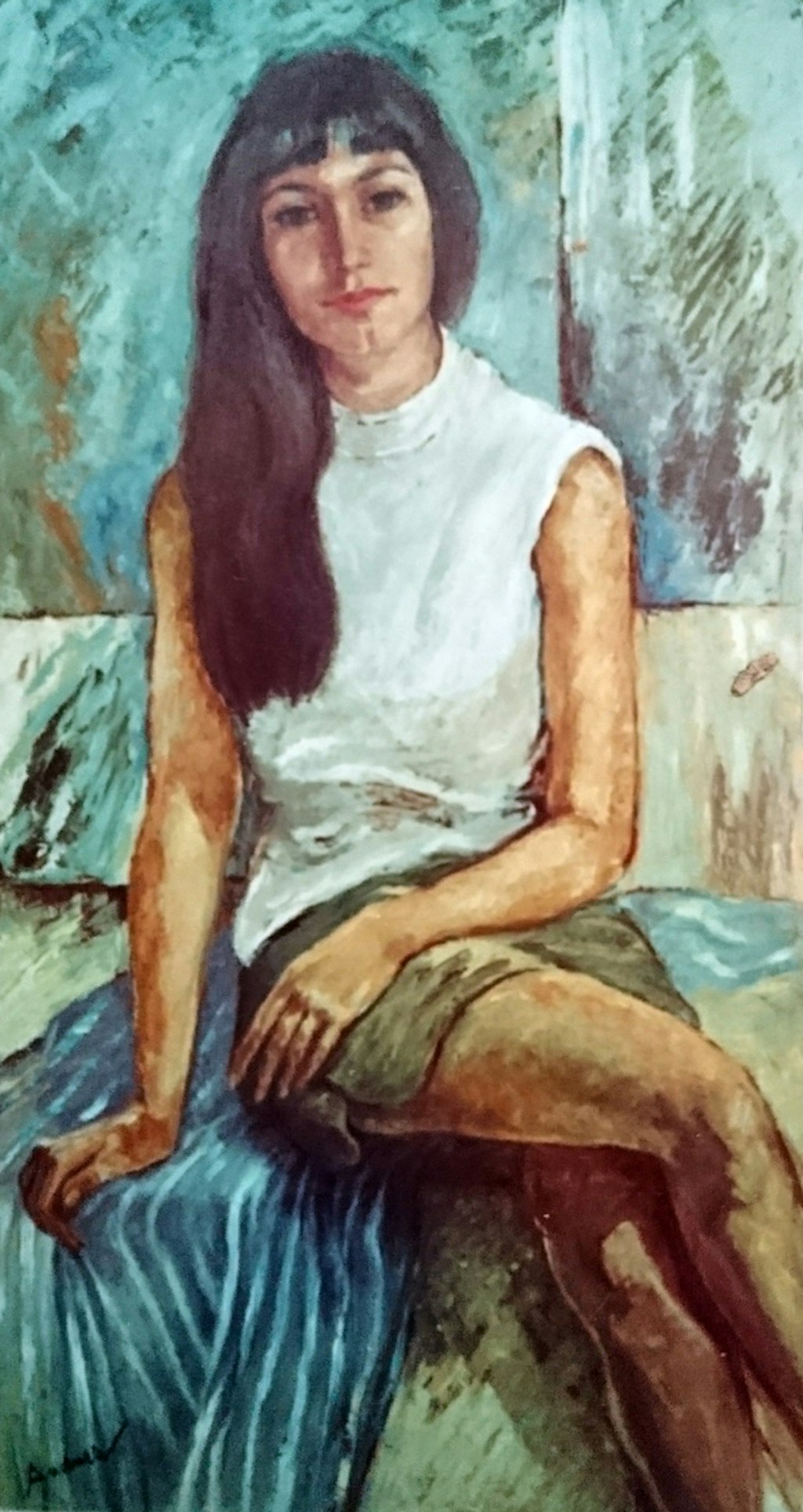 Seated woman with long dark hair hanging over her right shoulder and a short fringe. She is wearing a sleeveless high-necked white top and short khaki skirt. She sits with her right leg over her left on a piece of blue and white striped fabric draped over a seat, her right hand resting on her left thigh.