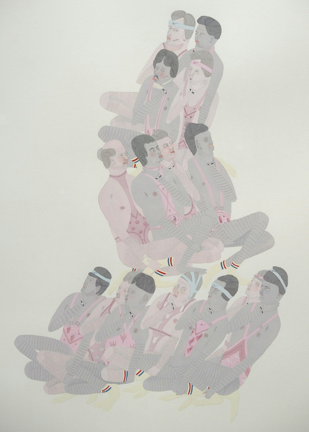 A watercolour showing 15 male figures, sitting cross-legged, assembled in a three-tiered pyramid shape. They are wearing brief wrestling costumes and socks with two horizontal bands. Several have headbands. Their skin tones are either pale pink or pinkish grey.